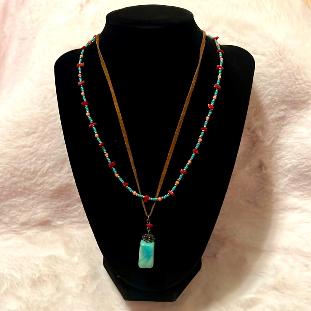 Fashion boho turquoise & leather necklace